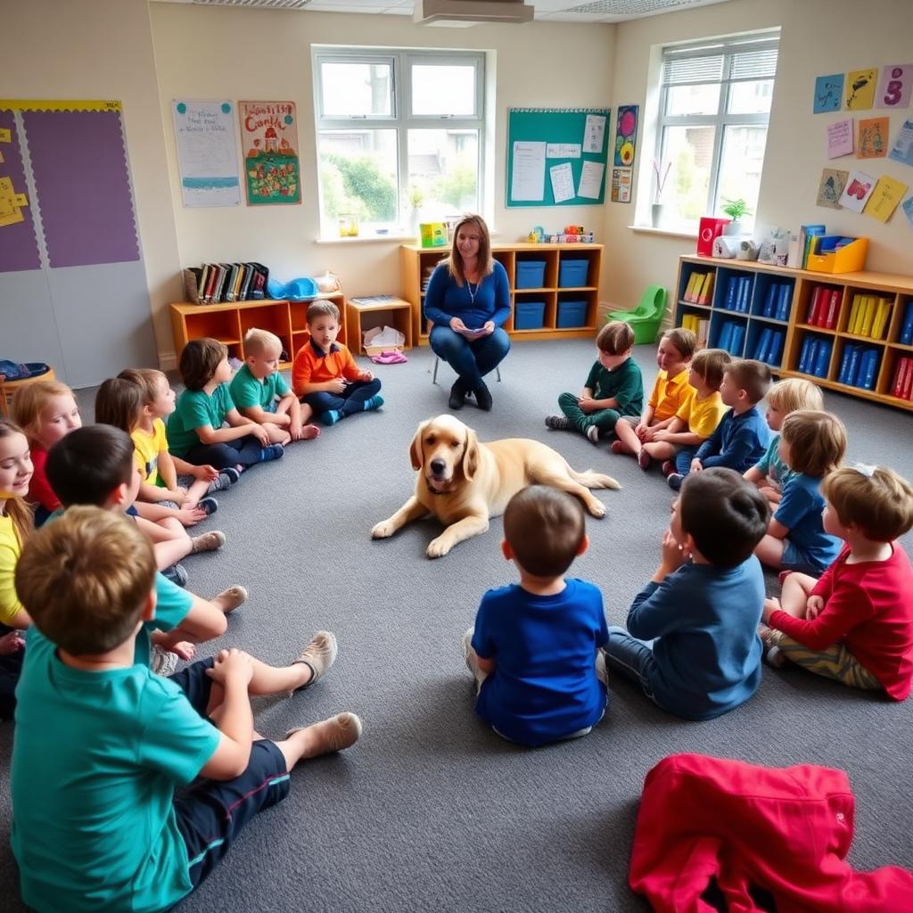 School therapy dog creating calm positive classroom behavior and learning environment