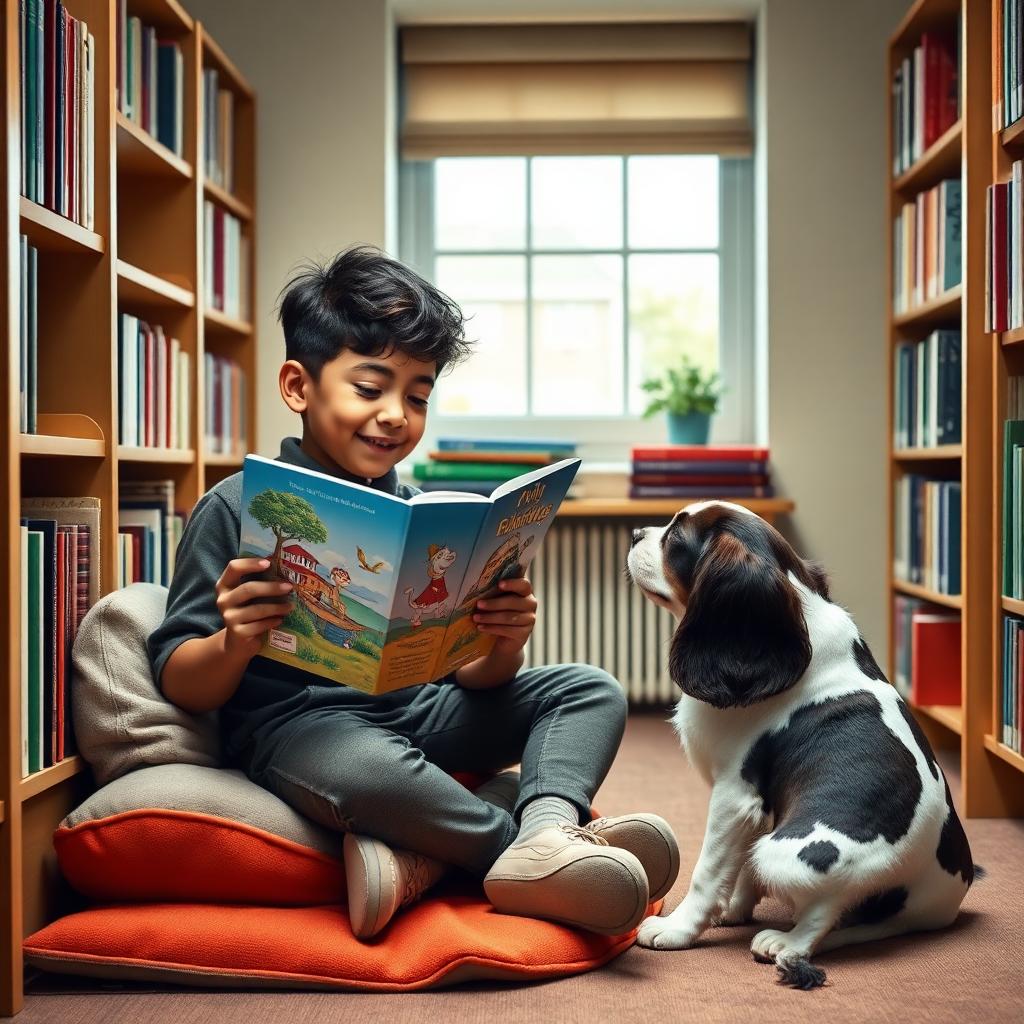 Student building reading confidence and literacy skills through therapy dog reading programme