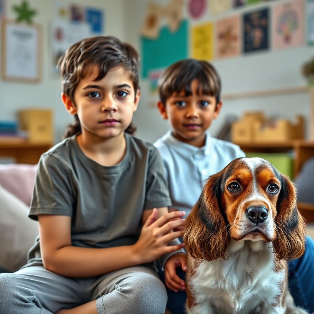 Therapy dog providing emotional support and anxiety reduction for student wellbeing in UK school
