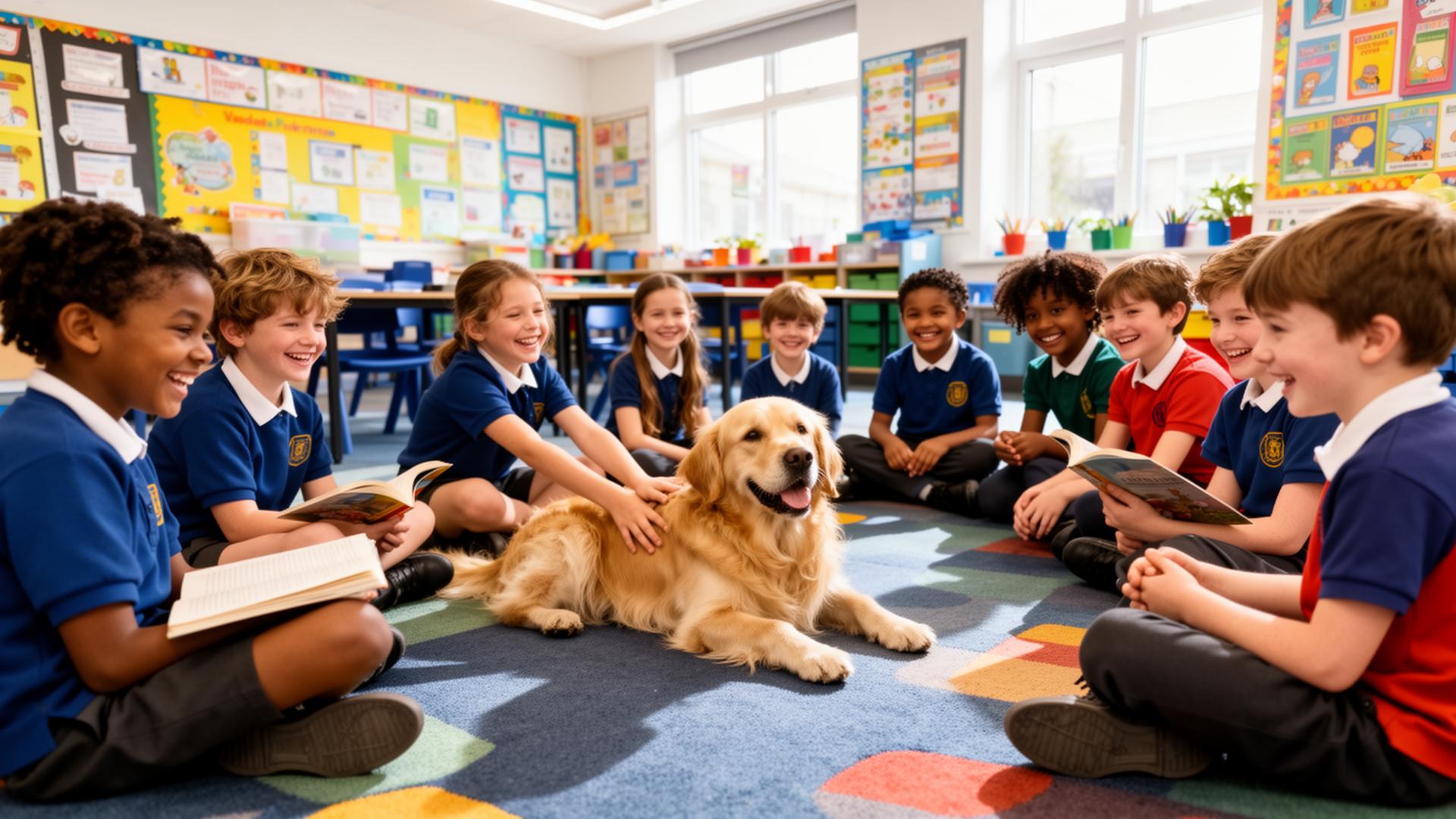 School therapy dog creating positive learning environment and student wellbeing in UK classroom