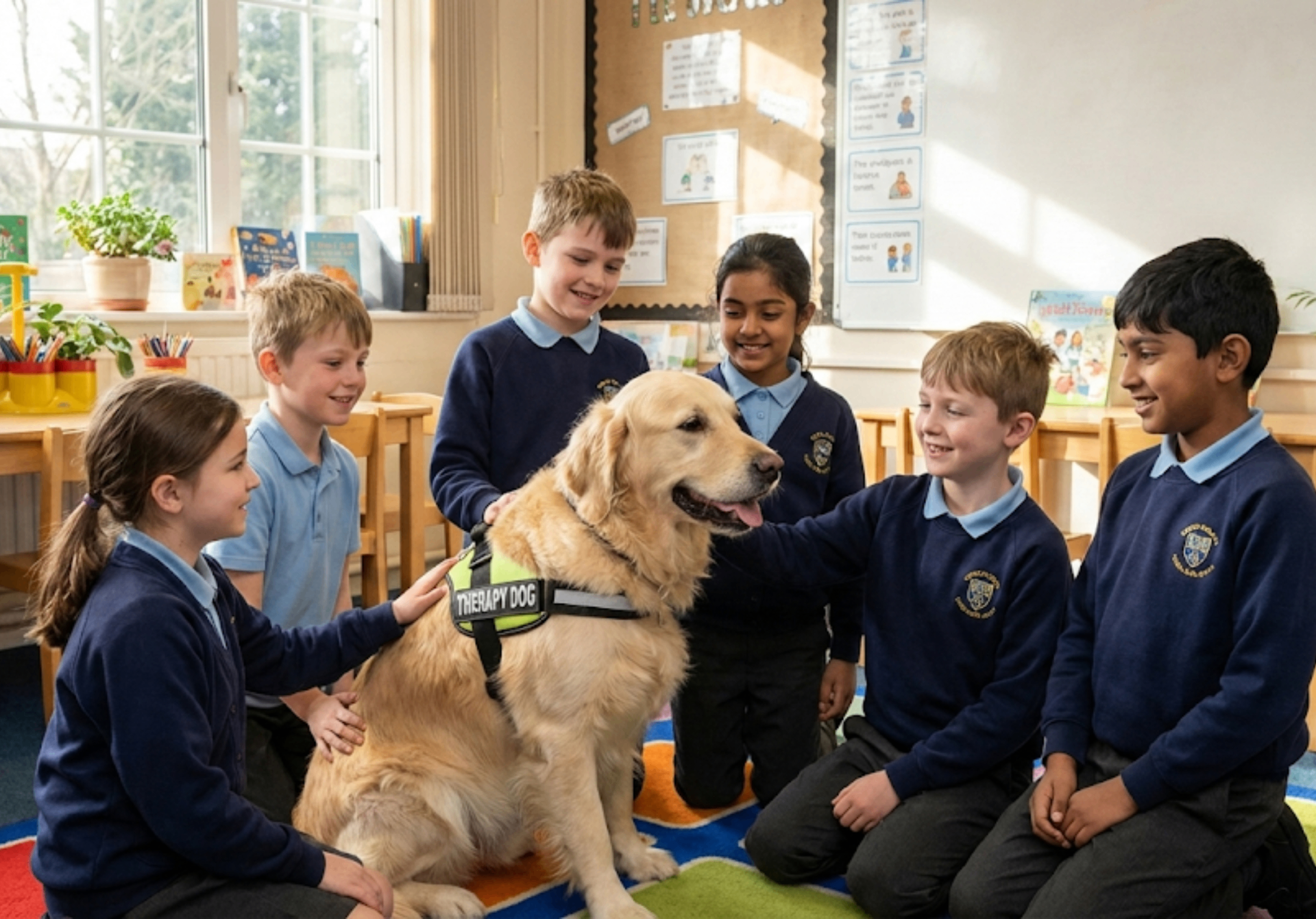 Professional therapy dog with diverse primary school children in UK classroom - school dog training programme