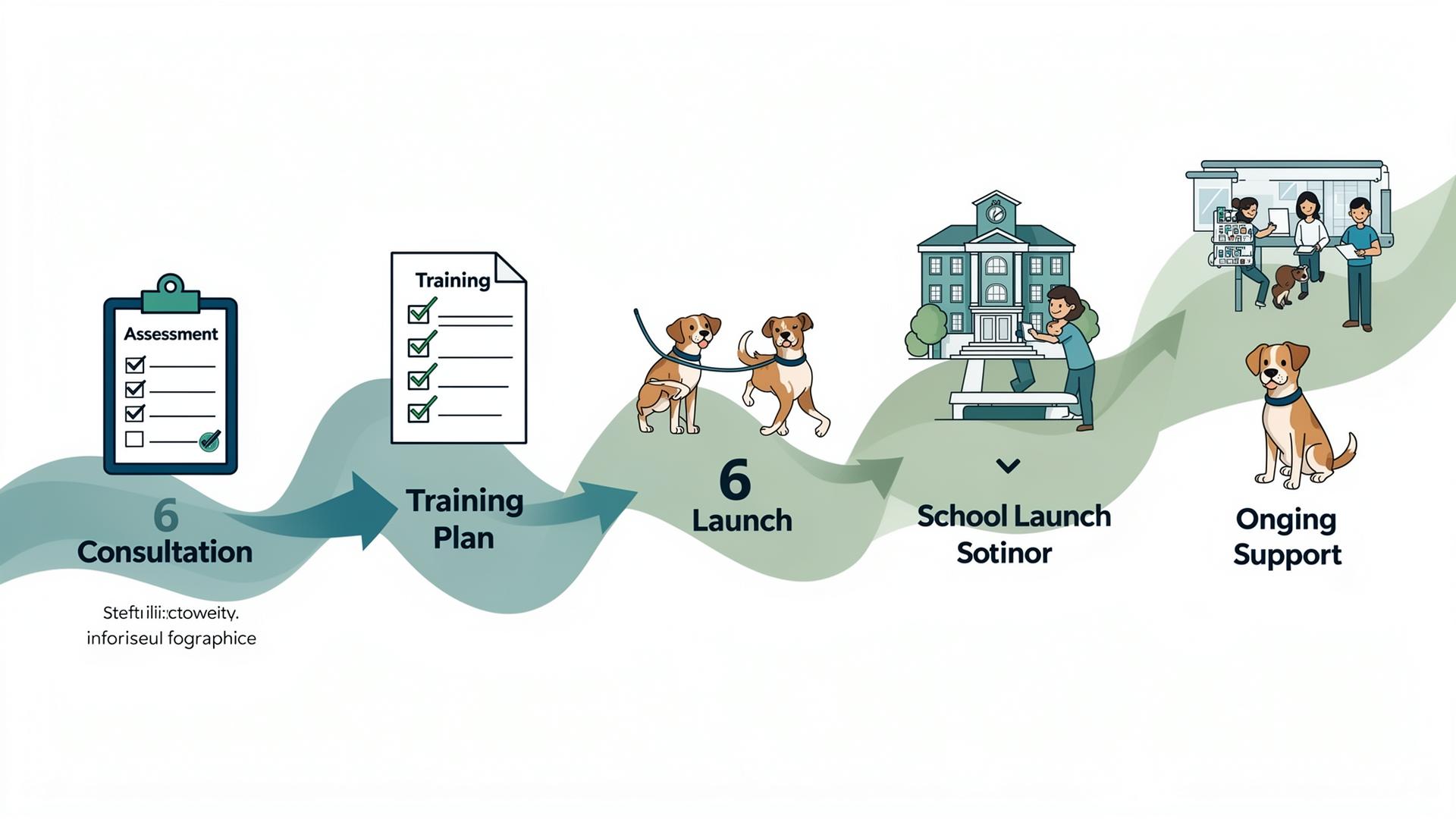 Step-by-step school therapy dog implementation process timeline from consultation to ongoing support