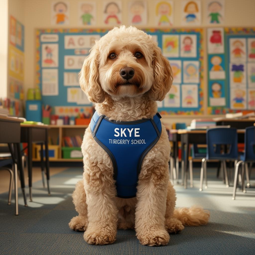 Skye the cockerpoo, fully trained School Therapy Dog, with primary school children
